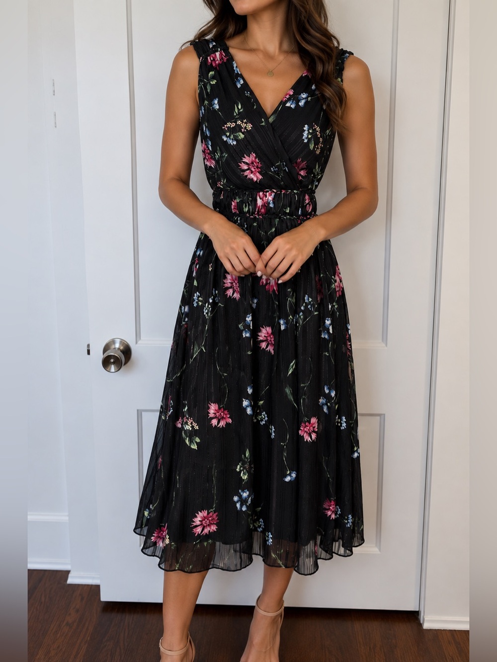 White House Black Market Black Floral Wrap Midi Dress